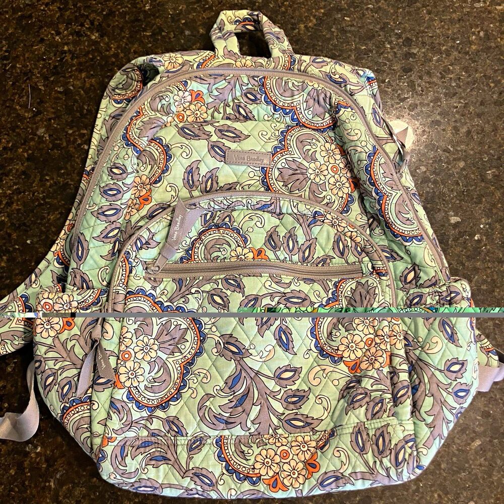Vera Bradley Quilted Floral Zip Backpack Fan Flowers Mint Green and Grey